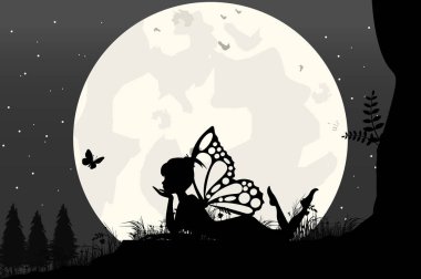 Tatlı peri ve ay silueti, basit vektör çizimi