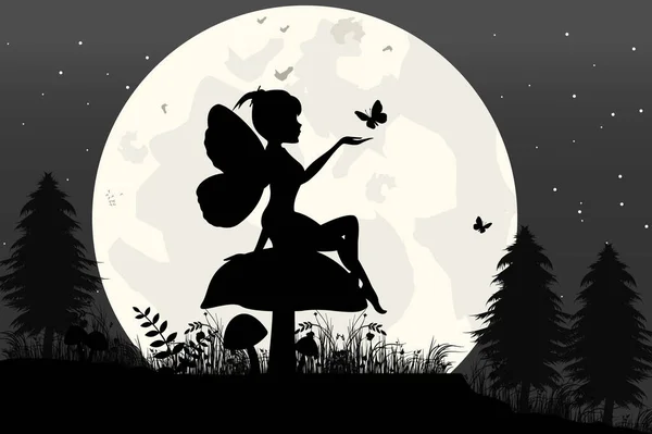 Silhouette Fata Luna Disegno Semplice Illustrazione Vettoriale — Vettoriale Stock