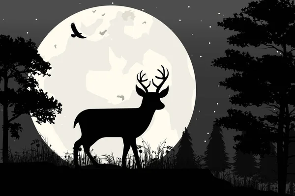 Hirsch Und Mond Silhouette Einfache Vektor Illustration Design — Stockvektor