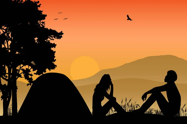 Silhouette Camping Avec Couple — Image vectorielle