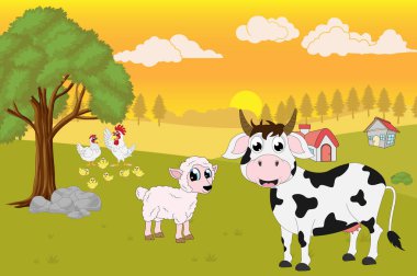 şirin hayvan çiftliği manzarası, basit vektör çizimi