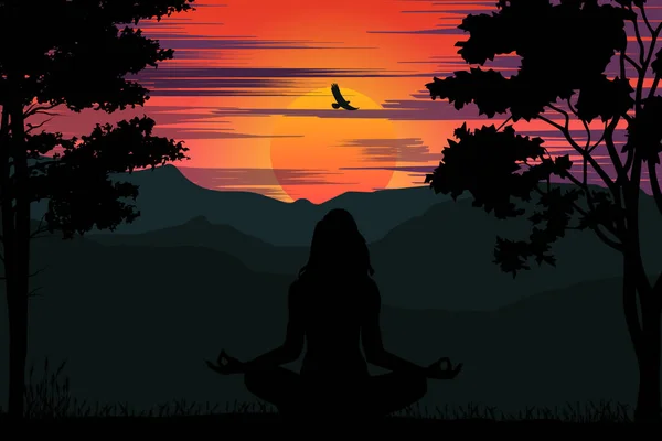 Chica Yoga Con Vista Atardecer Silueta — Vector de stock