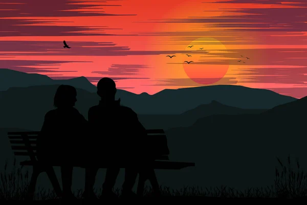 Pareja Con Silueta Vista Atardecer — Vector de stock