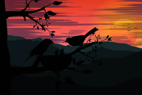 Пташина Сім Силуетом Вигляду Заходу Сонця — стоковий вектор