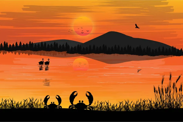 Cute Crab Silhouette Landscape — Stock Vector