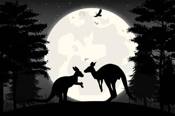 Kangaroo Moon Silhouette Landscape — Stock Vector