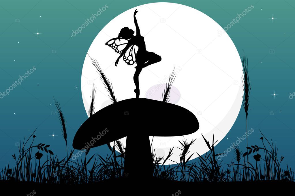 cute fairy silhouette dancing with moon