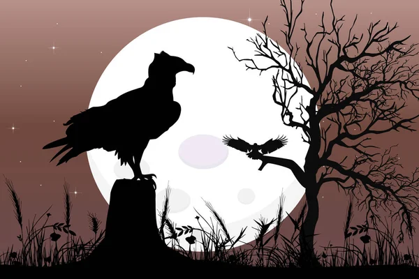 Carino Aquila Luna Silhouette Paesaggio — Vettoriale Stock