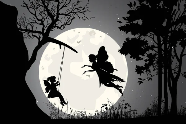 可愛い妖精と月のシルエット — ストックベクタ