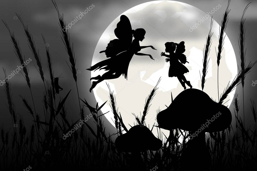 cute fairy and moon silhouette