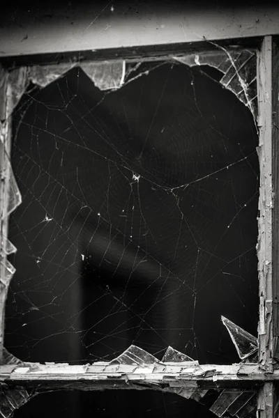Ένα Cobweb Γεμίζει Ένα Σπασμένο Παράθυρο Ένα Εγκαταλελειμμένο Κτίριο Πορτραίτο — Φωτογραφία Αρχείου