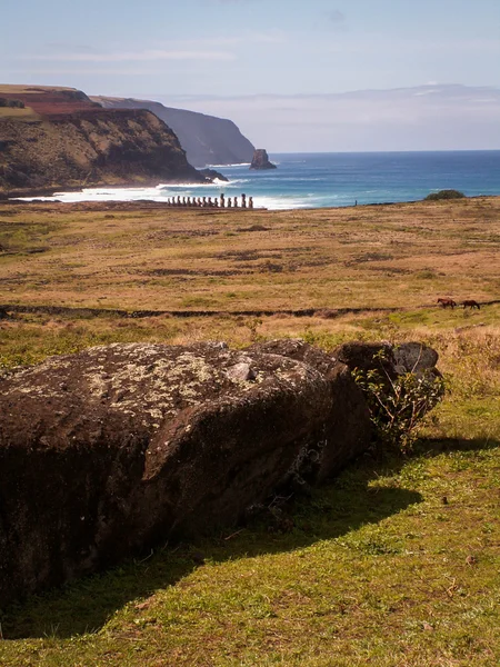 Row Of Moai By Sea Portrait Far — Stock Photo, Image