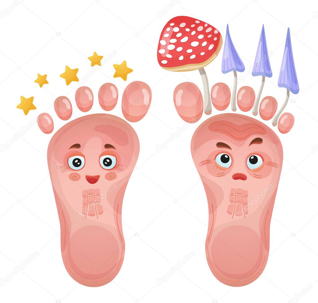 Healthy and problem foot characters. Skin or nail fungus. Pair of funny human leg with happy and sad expression. Medical treatment of derma leg diseases, fungal infection. Vector  illustration in cartoon style.