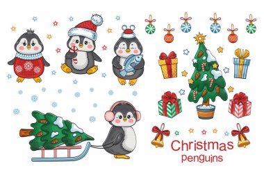 Şirin Noel penguenleri kış seti. Yeni yıl şapkası, hediye kutuları ve Noel ağacı takan bebek kutup hayvanları. Parmak izi için el çizimi karikatürler. Tatil vektör koleksiyonu beyaza izole edildi