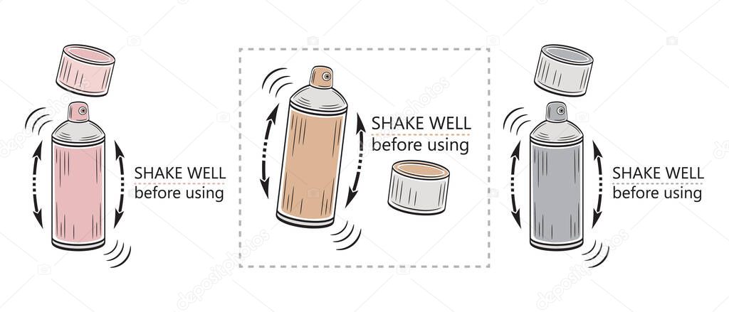 Shake well before using icon set. Spray bottle or aerosol with direction arrows. Liquid that requires shaking. Label packaging of paint, air freshener, cosmetics, household chemicals products. Vector