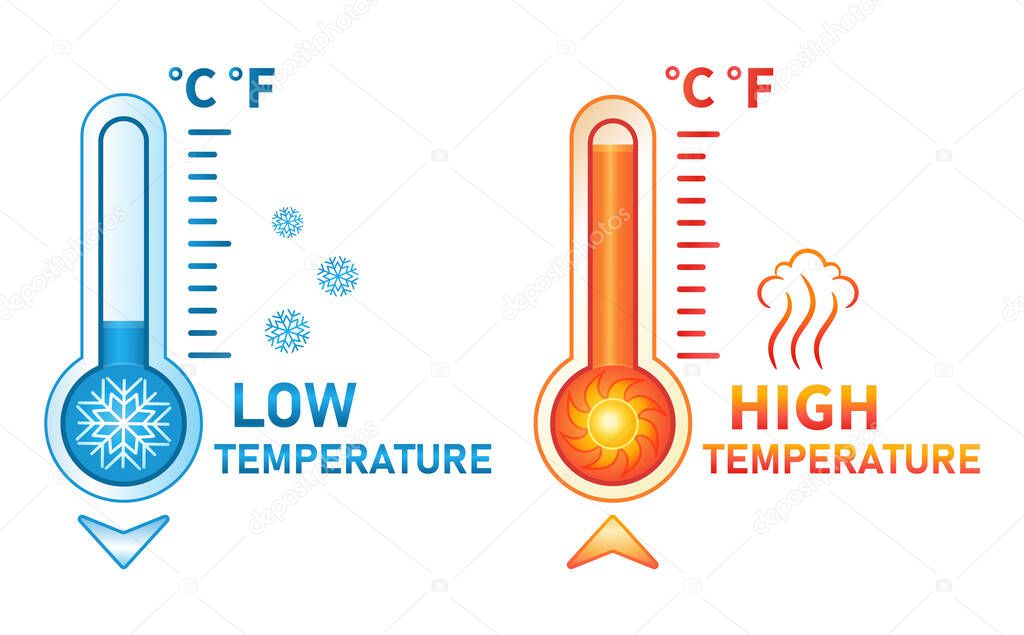 Hot and cold thermometer icon set. Low and high temperature on measuring sale. Meteorological measurements weather in summer and winter. Control level cooling and heating of equipment. Flat vector 