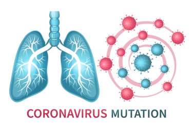 Coronavirus mutasyon işareti. Evrim Covid-19. Biyoloji araştırması virüs hücresinin insan solunum sistemine bulaşmasını sağladı. Pnömoni akciğerini önleme ve tedavi etme. Küresel salgın ve tecrit. Vektör