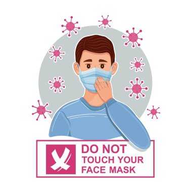 Yüz maskesine el işaretiyle dokunma. Güvenlik koruyucu tıbbi maske takın. Ön yüzeyine dokunmaktan kaçının. Ağız ve burun koruması. Coronavirus solunum enfeksiyonu önlemi. Vektör