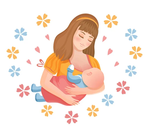 Anne yeni doğmuş bebeği emziriyor. Kadın çocuğunu elinde tutuyor ve anne sütüyle besleniyor. Anne sevgisi. Doğum, doğum, emzirme ve çocuk bakımı konsepti. İzole çizgi film düz vektörü 