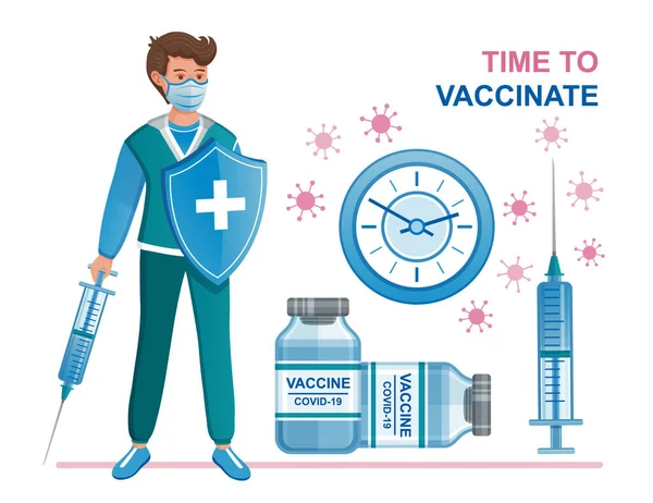 Hora Vacunarse Contra Coronavirus Vacunación Con Covid Médico Con Jeringa — Archivo Imágenes Vectoriales