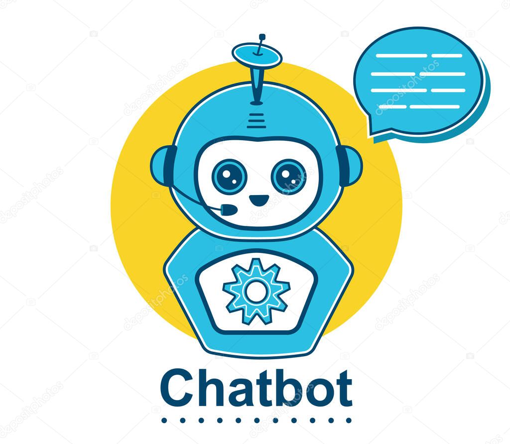 Virtual chat bot robot icon. Online chatbot operator character for web help, customer support service. Funny ai robotic assistant with speech burble. Artificial intelligence tech, internet messenger, client consultation. Flat sign for website. Vector