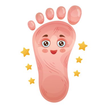 Foot health. Feet skin care. Funny barefoot leg cartoon character with stars. Human body part. Medical treatment nail disease. Beauty salon, spa hygienic procedure, pedicure, massage. Cream cosmetics packaging sign. Hygiene and healthcare. Vector clipart