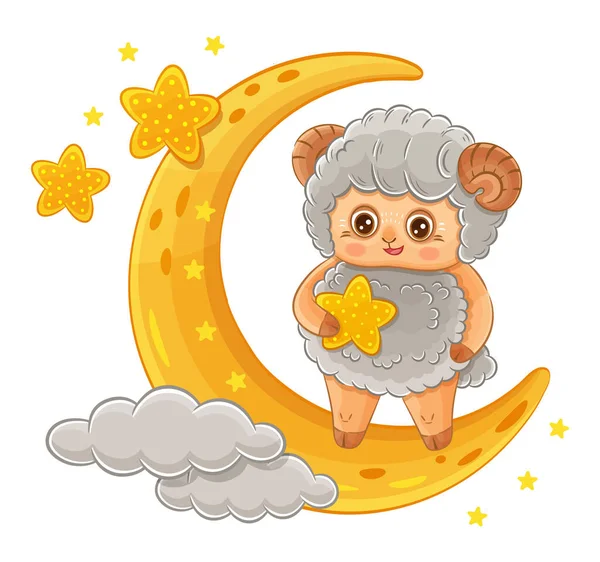 캐릭터 황도대 별자리 별똥별달린 양고기가 초승달에 점성학적 이슬람 아사드 무바라크가 — 스톡 벡터