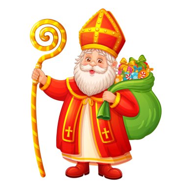 Cute Saint Nicholas, Sinterklaas Christmas character hold present gifts bag for children. Happy St Nicholas holiday day. Funny magic Santa Claus with kid surprise sack. Christian religion bishop old man. Winter Xmas celebration greeting card. Vector