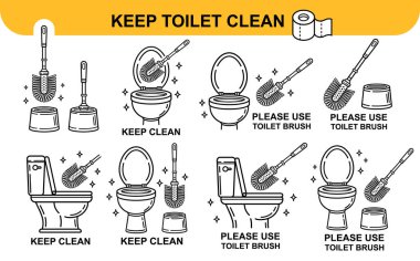 Tuvalet fırçasıyla klozet temizliği. Tuvalet tabelasında sifon dolabını temiz tut. Tuvalet temizleme fırçalı temizleme aleti kirli, temizlik malzemelerini yıkamak için. Ev içi banyo temizleyicisi. Vektör
