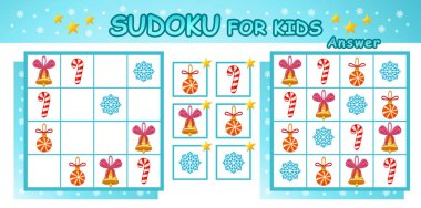 Sudoku çocuk bulmacası oyunu, kayıp Noel ağacı oyuncaklarını bulmak. Mantıklı eğitim kitabı sayfası. Yeni yıl dekorasyon balolarını, Noel çanlarını, baston şekerlerini, kar tanesi resimlerini arayın. Okul öncesi aktivite öğrenme programı. Vektör
