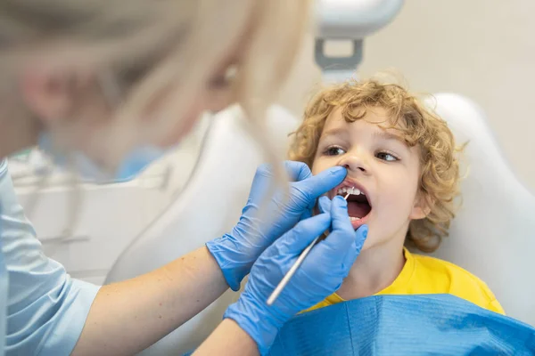 Cute Young Boy Visiting Dentist Having His Teeth Checked Female — Stock Photo, Image