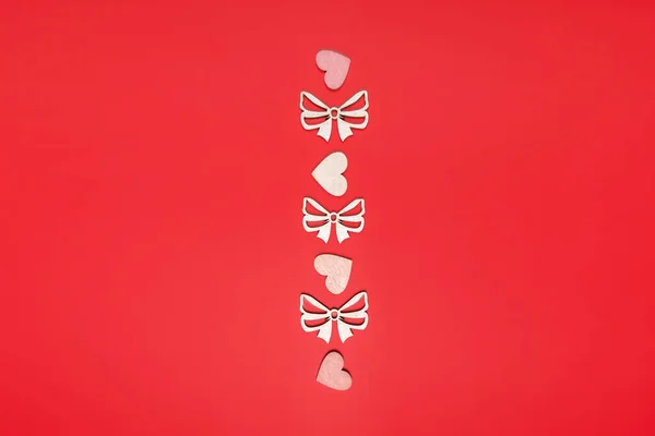 Flat Lay Hearts Bow Line Red Bright Background — Stock Photo, Image