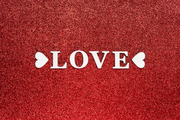 Flat Lay Love Concept Sur Brillant Rouge Paillettes Scintillement Backround — Photo