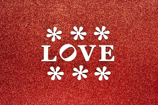 Flat Lay Love Concept Bright Red Glitter Sparkle Backround — Stock Photo, Image