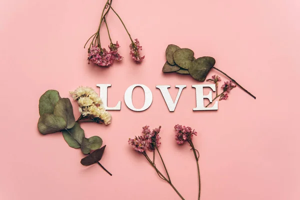 Creative Flat Lay Word Love Soft Color Background Natural Plants — Stock Photo, Image