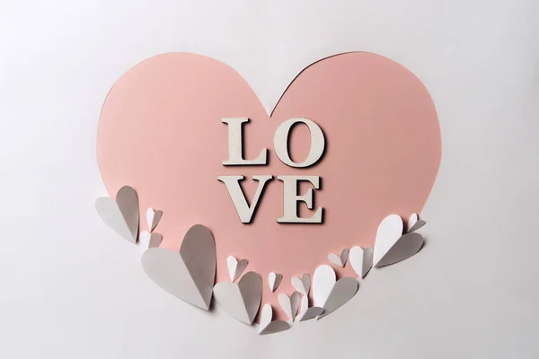 Creative Flat Lay Word Love Heart Shaped Soft Color Paper — Fotografia de Stock