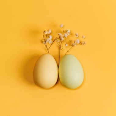 Renkli arka planda paskalya yumurtalarının yaratıcı düz fotoğrafı