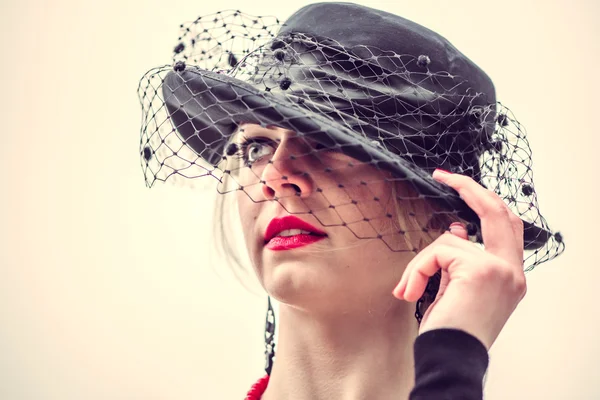 Young pretty sexy lady in black dress outdoor — Stock Photo, Image