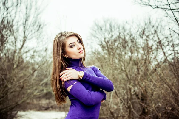 Young pretty sexy girl in dress outdoor in the forest — Stock Photo, Image