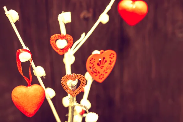 Decoration with red hearts on the branches — Stock Photo, Image