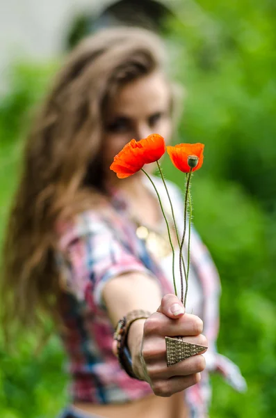 Poppy bloemen in vrouwen handen — Stockfoto