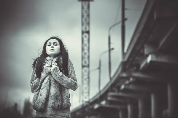 Длинные волосы брюнетка девушка на открытом воздухе со старым промышленным мостом behin — стоковое фото