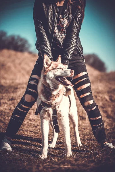 Menina e seu cão husky ao ar livre na floresta — Fotografia de Stock