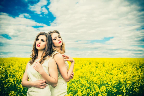 Pretty girls outdoor walking in the field — Stock Photo, Image