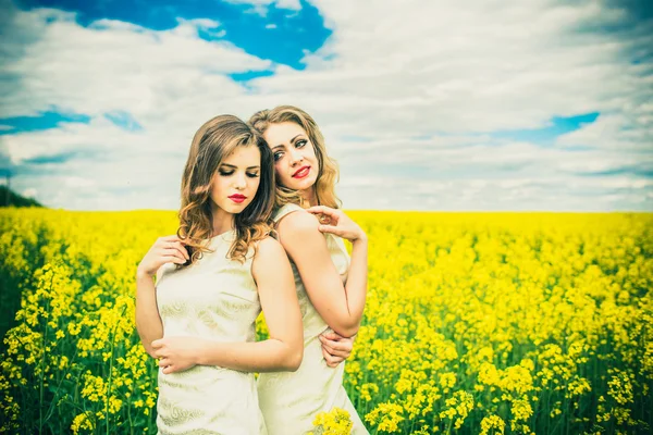 Pretty girls outdoor walking in the field — Stock Photo, Image