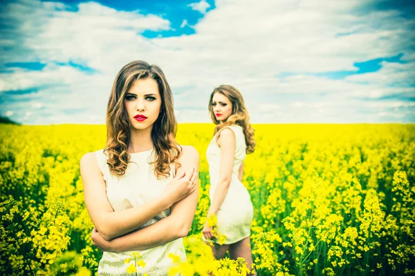 Guapas chicas al aire libre caminando en el campo —  Fotos de Stock