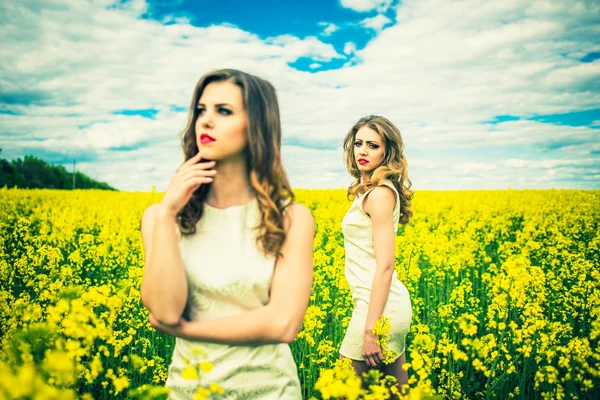 Pretty girls outdoor walking in the field — Stock Photo, Image