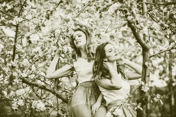 Γυναίκες στον κήπο κάτω από τα δέντρα ανθών — Φωτογραφία Αρχείου