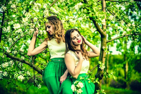 Vrouwen in de tuin onder de bloesem bomen — Stockfoto