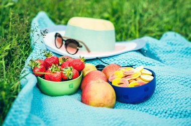 Picnic sheet with fruits on the grass,